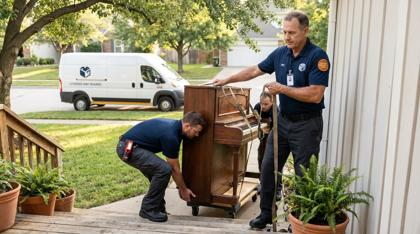 Licensed piano movers securing grand piano in Brainerd, MN